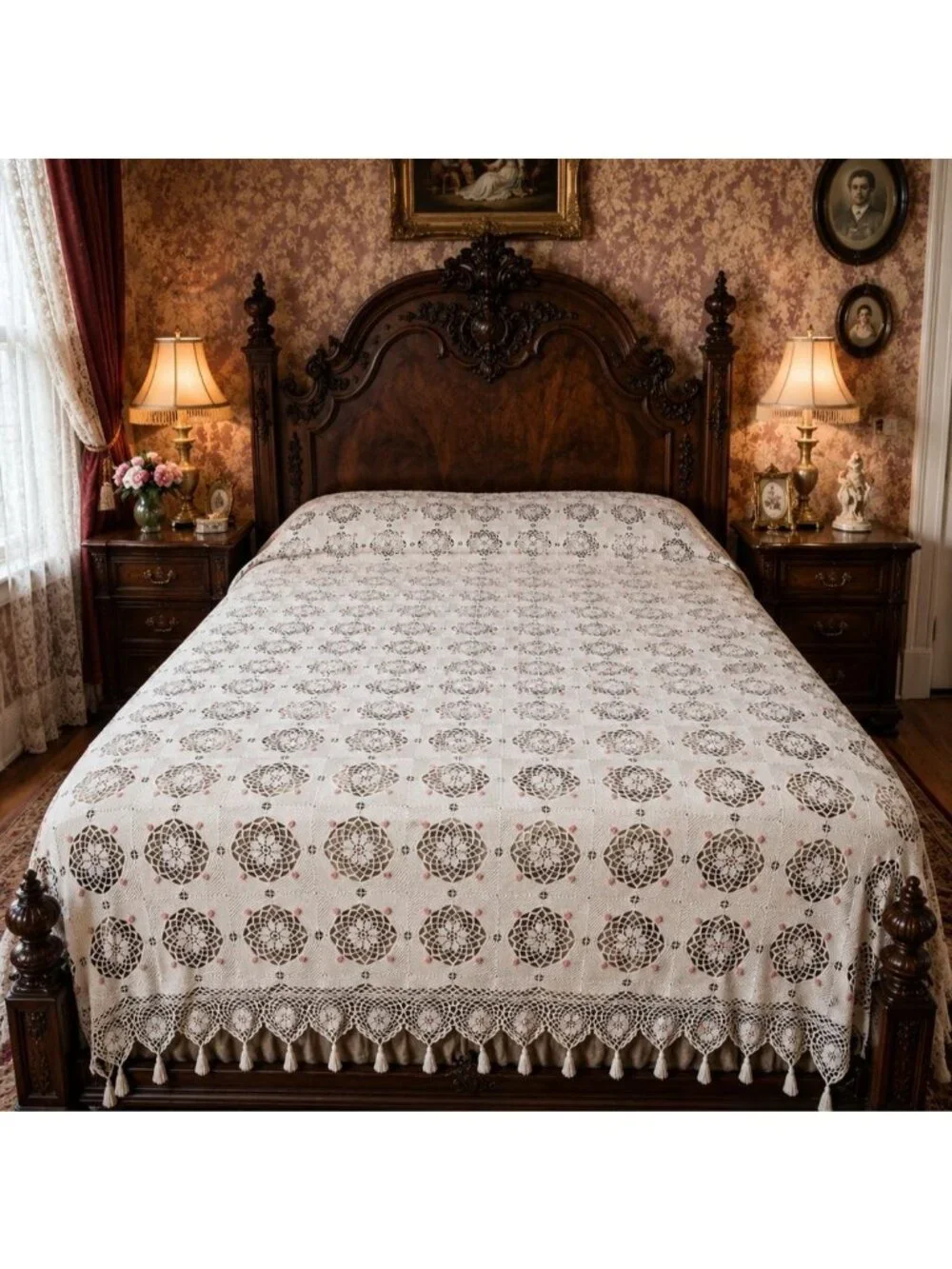 White Crochet King Bedspread Vintage Handmade Lattice Tassel Lace Floral Flower